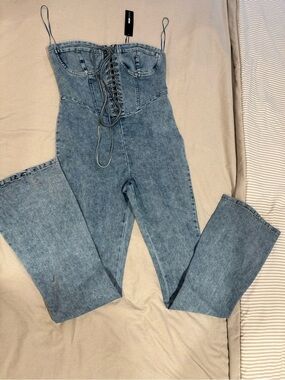 Fashion Nova Light Wash Denim Lace-Up Bustier Jumpsuit
